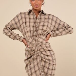 Lulus Seasonal Spirit Taupe Plaid Ruched Long Sleeve Midi Dress - Size S